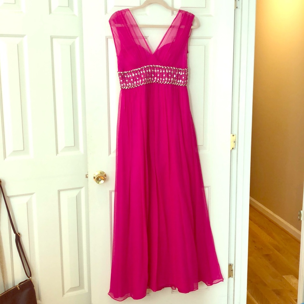 Magenta Formal Gown with Illusion V-Neck & Beading